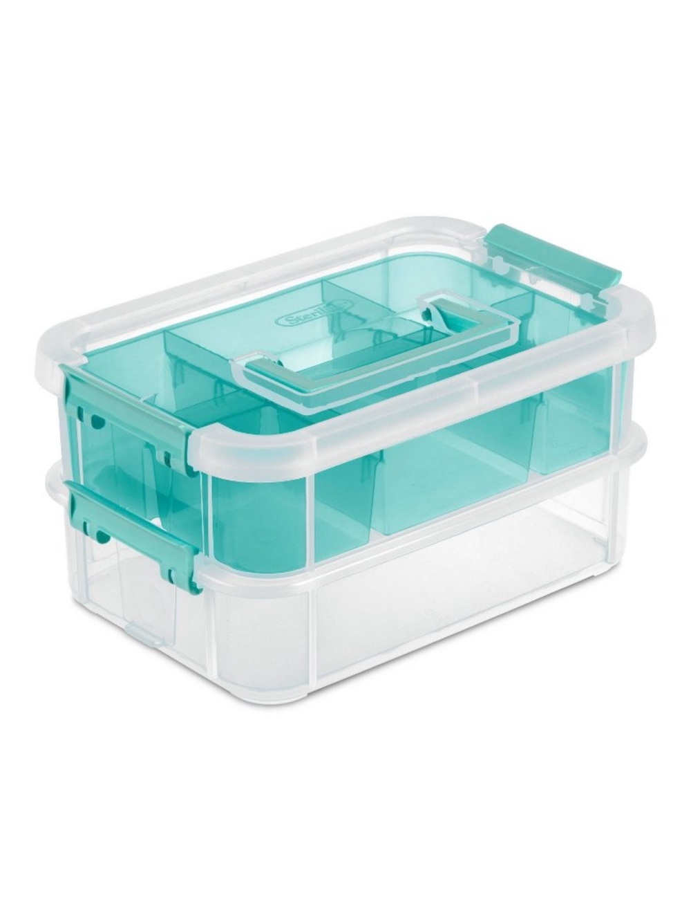 Clear Plastic Storage Box with Teal Inner Tray and Handle